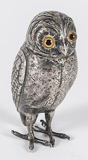 English silver owl-form scent bottle, 19th c., with illegible marks, 3 1/8'' h., 1.7 ozt.