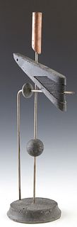 Aron Rosenberger, Abstract Steel and Stone Sculpture, 1996, signed on the underside, H.- 18 in., W.- 5 3/4 in., D.- 5 in.