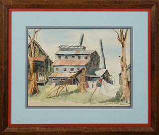 Julie, "Abandoned Sugar Cane Mill, New Iberia," 1964, watercolor, signed and titled lower right, presented in a polychromed mahogany...