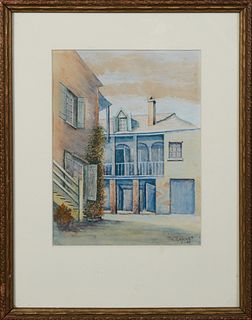 P. Behne (New Orleans), "Courtyard of Madame John's Legacy," 1949, watercolor, signed and dated lower right, bearing a label from the