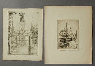 George F. Castleden (1861-1945, New Orleans), "Oyster Schooners," and "Old St. Louis Cathedral," 20th c., two etchings, pencil signe...