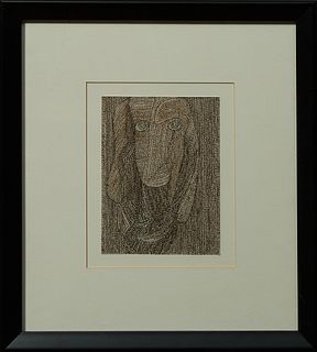 Gerard Sendry (1828- , French), "Visage," 1997, India ink, signed and dated verso, with a letter from the artist, presented in an eb...