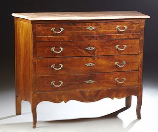 Louis XV Style Inlaid Mahogany Marble Top Bombe Commode, 20th c., the bowfront ogee edge serpentine figured pink marble over a friez...