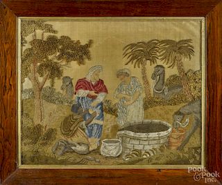 English wool embroidery, 19th c., depicting Rebekah at the Well, 16 1/2'' x 21''.