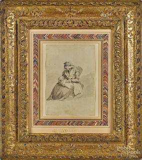 English watercolor of a mother and child, in the manner of Thomas Rowlandson, 9'' x 6''.
