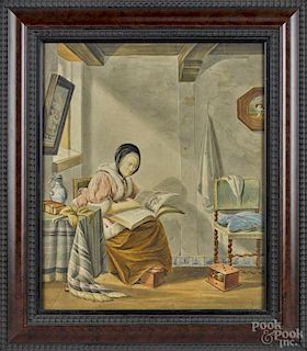 Dutch watercolor interior scene, 19th c., depicting a woman reading, 20'' x 16 1/4''.