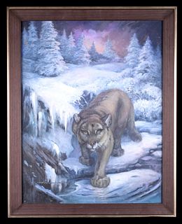 Original Carol Newbury Winter Cougar Oil Painting