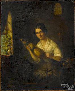 Continental oil on panel interior scene, 19th c., of a woman spinning wool, initialed lower left