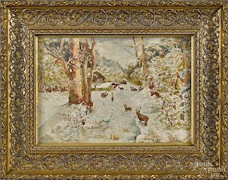 Pair of elaborate silkwork landscapes, early 20th c., signed indistinctly Ivornick?, 10'' x 14''.
