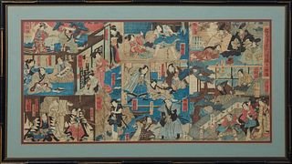 Japanese School, "Scenes with Actors," early 20th c, signed with a chop mark lower right, presented in a gilt highlighted faux bambo...