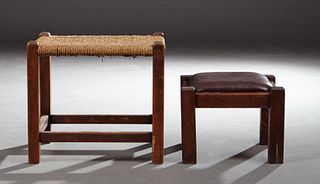 Two Mission Oak Footstools, early 20th c., consisting of an English example with a woven seagrass seat on square legs with box stret...