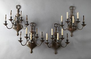 Set of Four Continental Bronze Five-Light Sconces, late 20th c., in the Dutch Baroque taste, the flattened baluster backplates suppo...