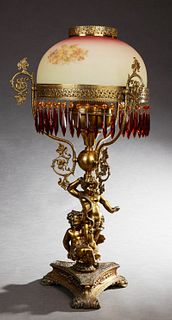 Large American Brass Plated Figural Oil Lamp, late 19th c., by Plume and Atwood, Waterbury, Conn., the painted domed peachblow satin...