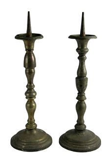 Pair of Metal Altar Pricket Candlesticks, 19th c., with turned shafts, on turned stepped bases, H.- 20 1/2 in., Dia.- 7 in.