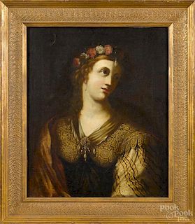 Continental oil on canvas portrait of a woman, 18th c., 18'' x 15''. Provenance: DeHoogh Gallery