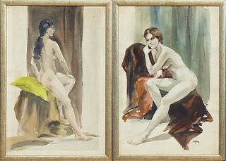 Betty Lou Schlemm (1934- , Louisiana), "Seated Nude," c. 1950, and "Seated Nude on a Yellow Cushion," c. 1960, two watercolors, both...