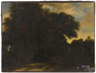 Dutch oil on canvas landscape, 17th/18th c., 19'' x 25''. Provenance: DeHoogh Gallery, Philadelphia