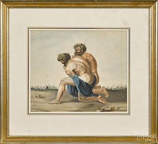 Continental watercolor portrait, 19th c., of two men praying, 10 1/4'' x 12''.
