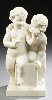 Cast Marble Figural Group, 20th c., of two putti seated on a plinth, on an integral square base, H.- 18 1/2 in., W.- 9 in., D.- 7 1/...