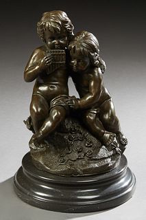 Continental School, "Pan and Friend," 20th c., patinated bronze group by European Bronze Finery, on an integral stepped black marble...