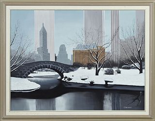 D. Hayward, "Central Park in Winter," 20th c., oil on canvas, signed l.r., framed, H.- 29 1/4 in., W.- 39 1/2 in.