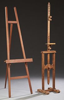Two Adjustable Artist's Easels, 19th c., one of birch with adjustable height on a trestle base with flat reeded legs; the second of...
