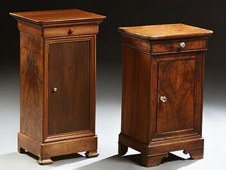 Two Louis Philippe Carved Walnut Nightstands, c. 1860, each with a curved rectangular top above a cavetto drawer over a cupboard doo...