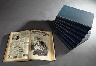 Eight Volumes of Harper's Weekly Prints; (1)- 1864, (2)- 1861; (2)- 1862; and (1)- 1866, all in blue cloth bindings, each- H.- 16 1/...