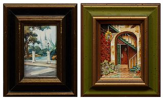 Two Miniature Paintings, 20th c., consisting of Mitchel Packard, "Marchand Patio," acrylic on canvas, signed lower left, H.- 3 1/2 i...