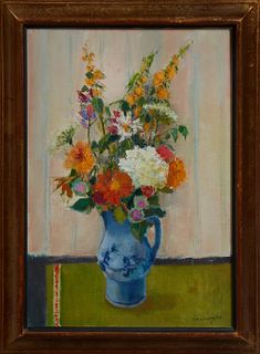 Marcel Cremoyson, "Still Life of Flowers in a Blue Pitcher," 20th c., oil on canvas, signed lower right and verso, presented in a di...