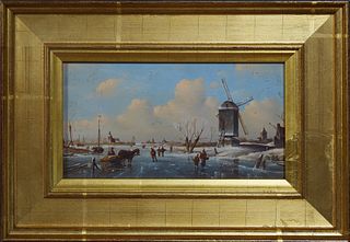 Cornelis Pieter Hoen (1814-1880, Dutch), "Dutch Winter Scene," late 19th c., oil on panel, signed lower right, presented in a wide g...