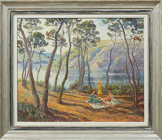 Hans Strobel (1913-1974), "The Picnic," early 20th c., oil on canvas, signed lower right, presented in a polychromed frame, H.- 19 1...