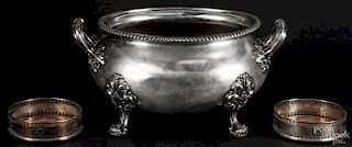 Silver-plated tureen, together with a pair of wine coasters, 7'' x 14 1/2''.