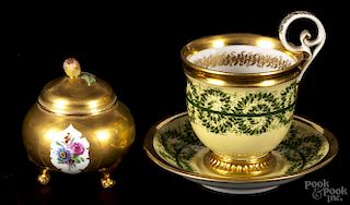 German porcelain cup and saucer, 19th c., probably Lumbach, together with a small covered jar.