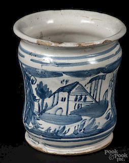 Delft blue and white jar, 18th c., 5 1/4'' h. Provenance: DeHoogh Gallery, Philadelphia.