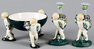 Austrian three-piece garniture, early 20th c., to include a centerpiece bowl, 5 1/2'' h., 9'' dia.