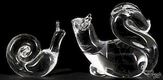 Two Steuben glass snails, signed on bases, 3 1/2'' h. and 4 1/4'' h.