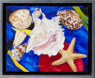 Kitty O'Meallie (1916-2014), Newcomb College, "Seven Seashells", acrylic on canvas, signed lower left, verso with a certificate of a...