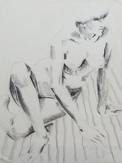 Kitty O'Meallie (1915-2014, Newcomb College), "Seated Female Nude," 20th c., charcoal, unsigned, matted and shrink wrapped, H.- 30 i...