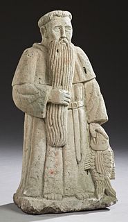 Cast Stone Garden Figure, of an oriental sage, H.- 36 1/2 in., W.- 17 in., D.- 10 in.