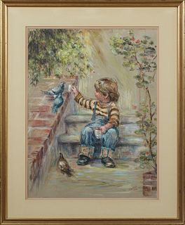 Kaethe Dering, "Little Boy Feeding Pigeons," 1980, pastel, signed and dated lower right, presented in a gilt frame, H.- 25 in., W.-...