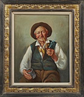 A. Borghi, "Peasant with Pipe and Glass," 20th c., oil on canvas, signed lower left, presented in a carved ebonized and giltwood fra...