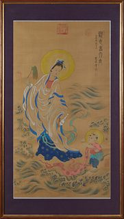 Chinese Painting of a Deity and a Child, 19th c