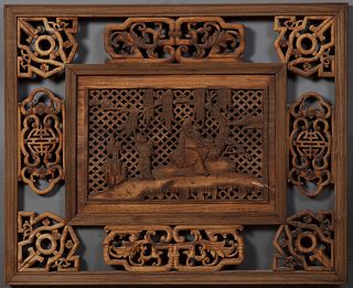 Chinese Pierce Carved Figural Mahogany Plaque or Screen, early 20th c., the center with an elder and child, H.- 25 in., W.- 30 1//2...