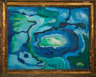 American School, "Abstract in Blue and Green," 1966, oil on canvas, signed in monogram "BB," possibly Brian Blood, and dated lower r...