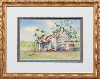 Edna Janssen (Louisiana), "Two Boys in Front of a Cabin," 20th c., watercolor, signed lower right, presented in a gilt and gesso fra...