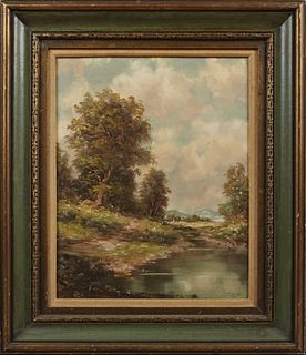 H. Berger (possibly Hans Berger, 1882-1977), "Lake Landscape with Hills Beyond," 20th c., oil on canvas, signed lower right, present...