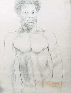 George Valentine Dureau (1930-2014, New Orleans), "Bust Portrait of a Nude Standing Afro-American Male," charcoal, shrink wrapped, H...
