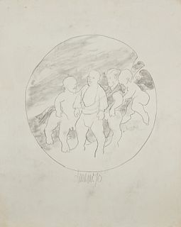George Valentine Dureau (1930-2014, New Orleans), "Centaur, Dwarves and Putto," 1970, charcoal, signed and dated lower center, shrin...