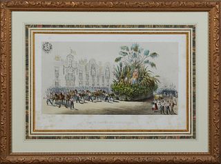 Gerlier, "Char De Gard ou De L'Horticulture," 1856, hand colored print, presented in a gilt frame with a marbled mat, H.- 12 1/2 in....